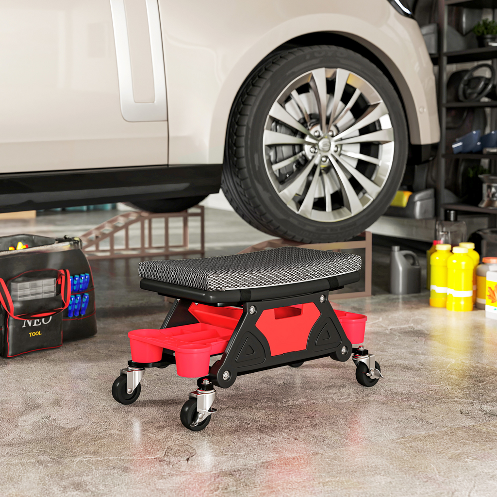 Rolling Mechanic Stool with Storage - 135kg Capacity - Black