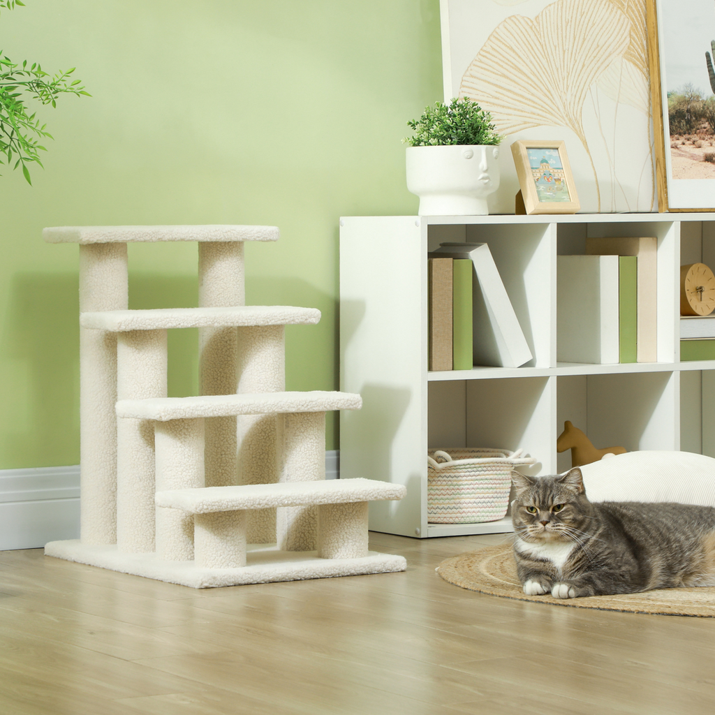 Brown Pawhut 4-step pet ramp stairs for cats, featuring a sturdy climbing frame and safety design for easy access.
