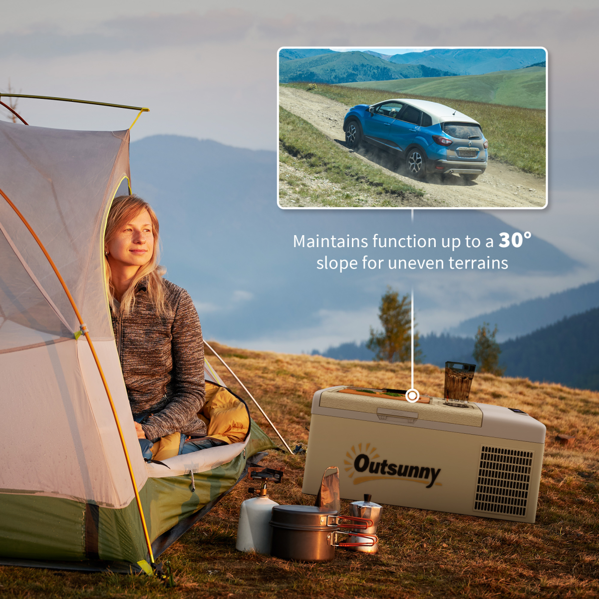 Outsunny 16L Car Refrigerator Fridge Freezer, 12/24V DC and 100-240V AC, Khaki