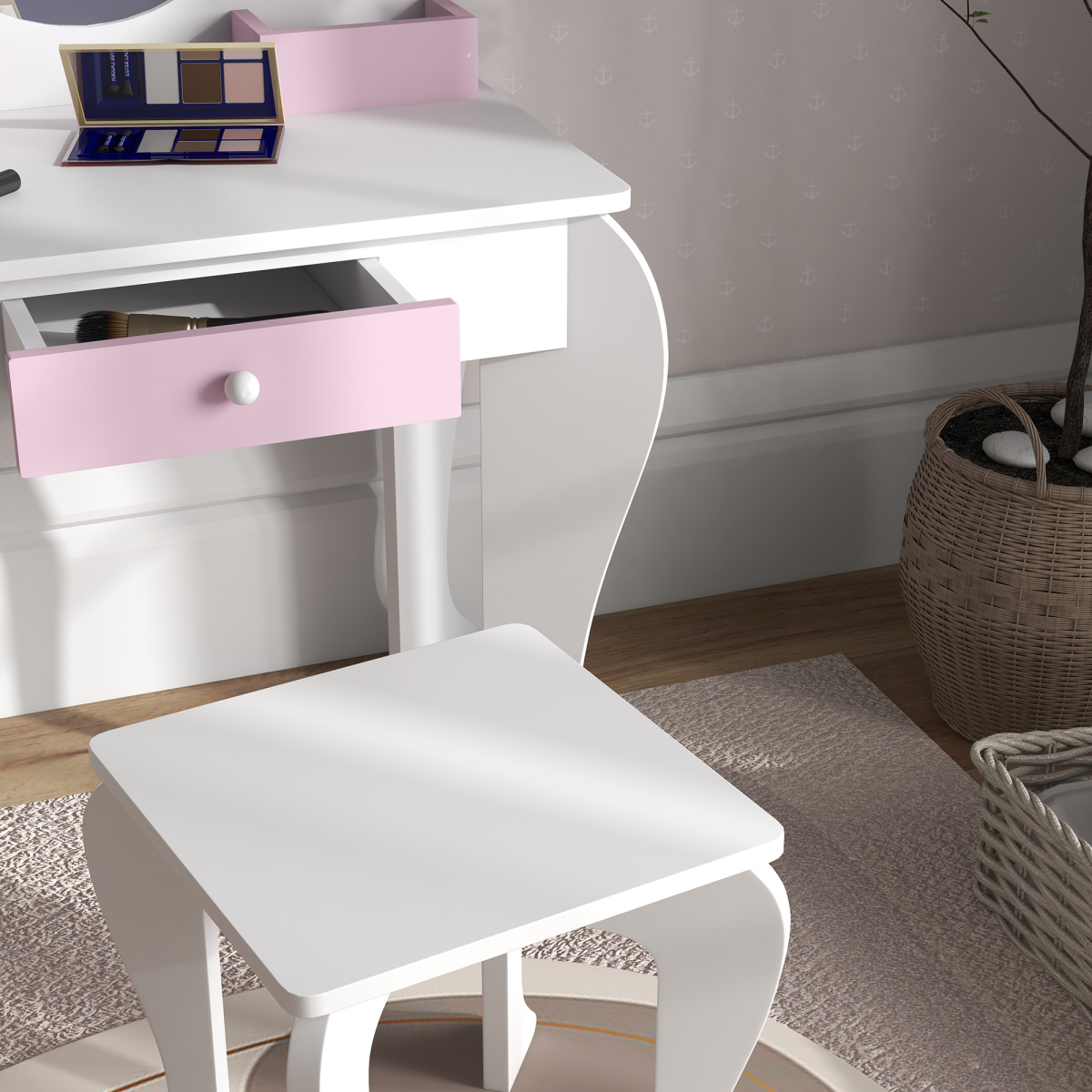Kids Dressing Table with Mirror and Stool - Drawer & Storage Boxes - White