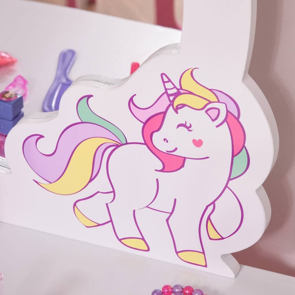 HOMCOM kids dressing table set featuring a unicorn design, mirror, and stool, perfect for girls' playrooms.
