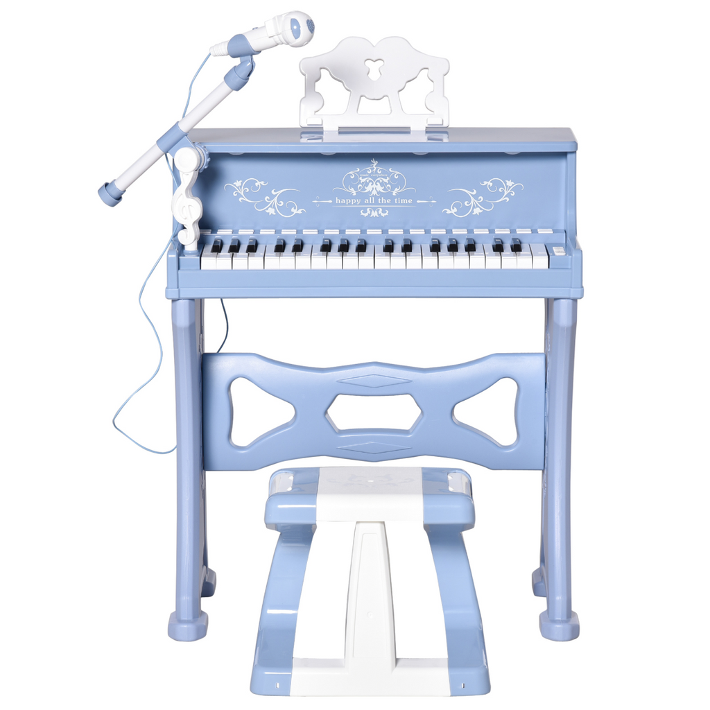 HOMCOM 37-key electric keyboard piano with microphone and stool, ideal educational musical toy for children.