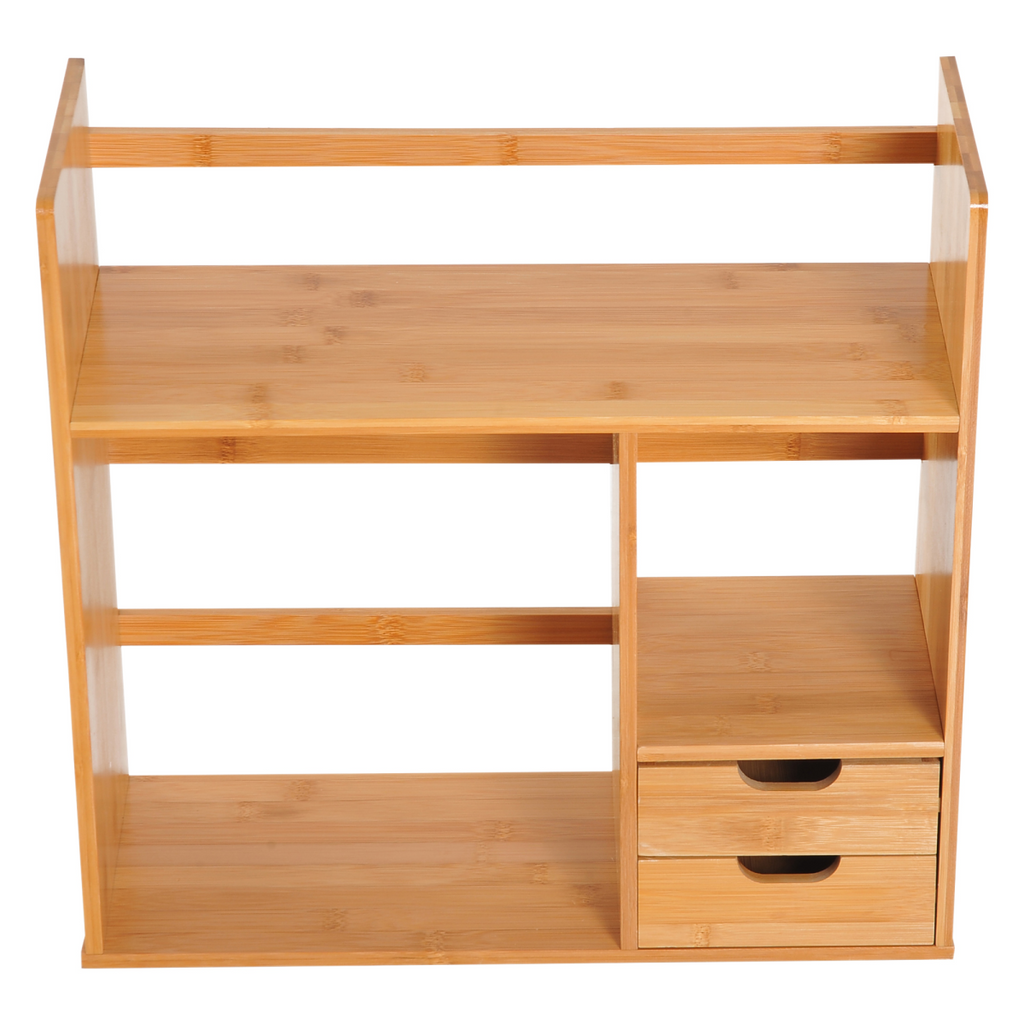 HOMCOM bamboo desk organiser with 180-degree rotatable design and two drawers, perfect for desktop organization.