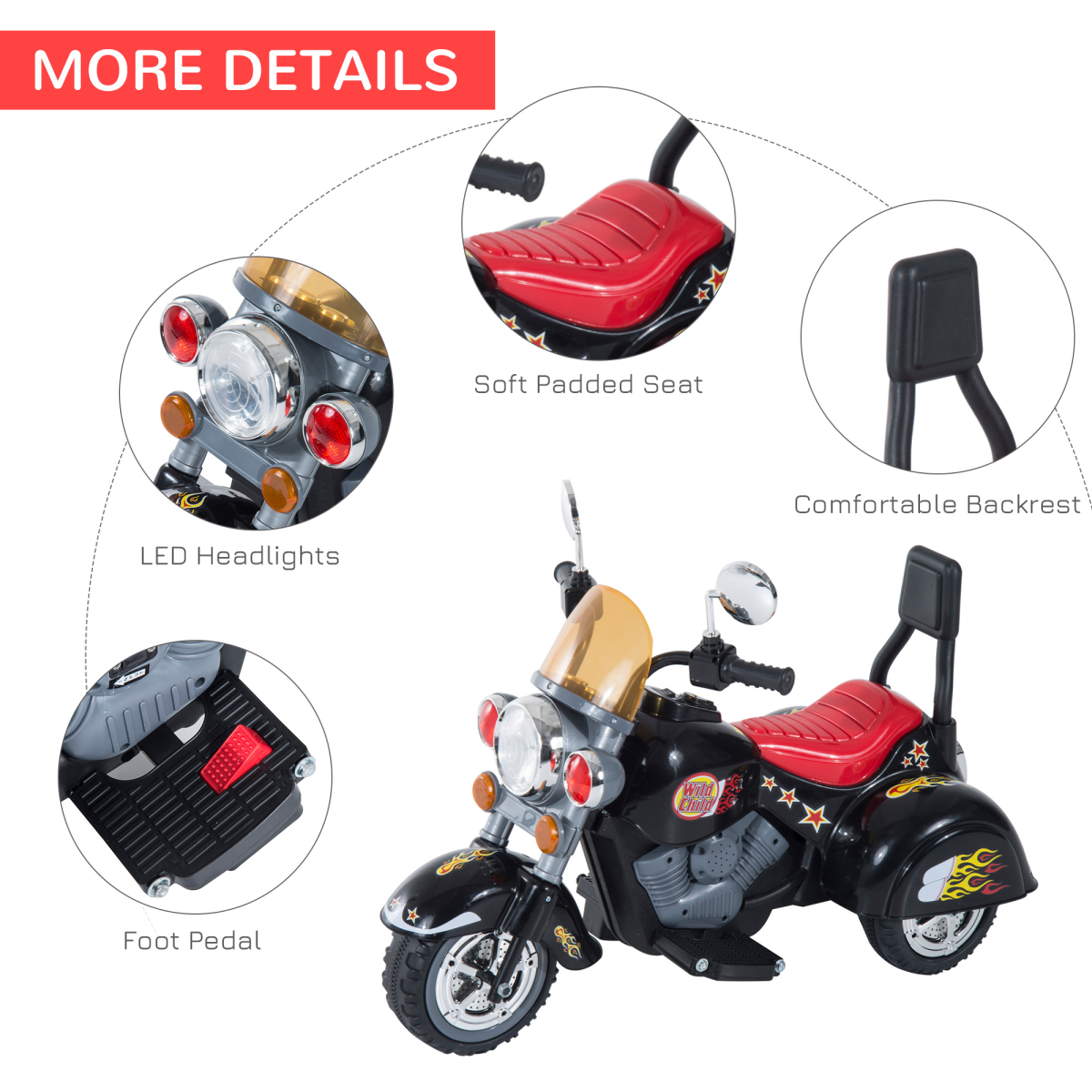 Black 6V electric motorbike for kids, 3-wheel design with lights and sound, suitable for ages 3-6.