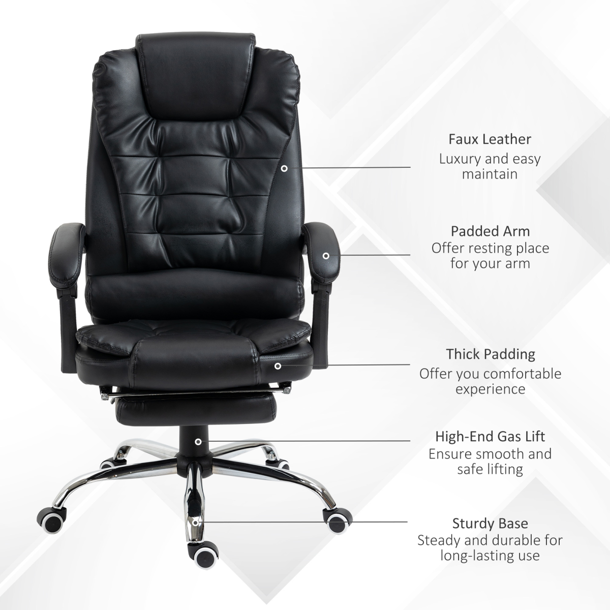 Black HOMCOM high back office chair with footrest, PU leather upholstery, and swivel feature in a modern workspace setting.