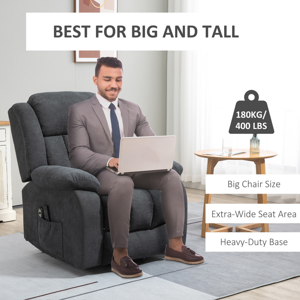 Heavy-duty HOMCOM riser and recliner chair in dark grey with massage feature, ideal for elderly comfort and support.