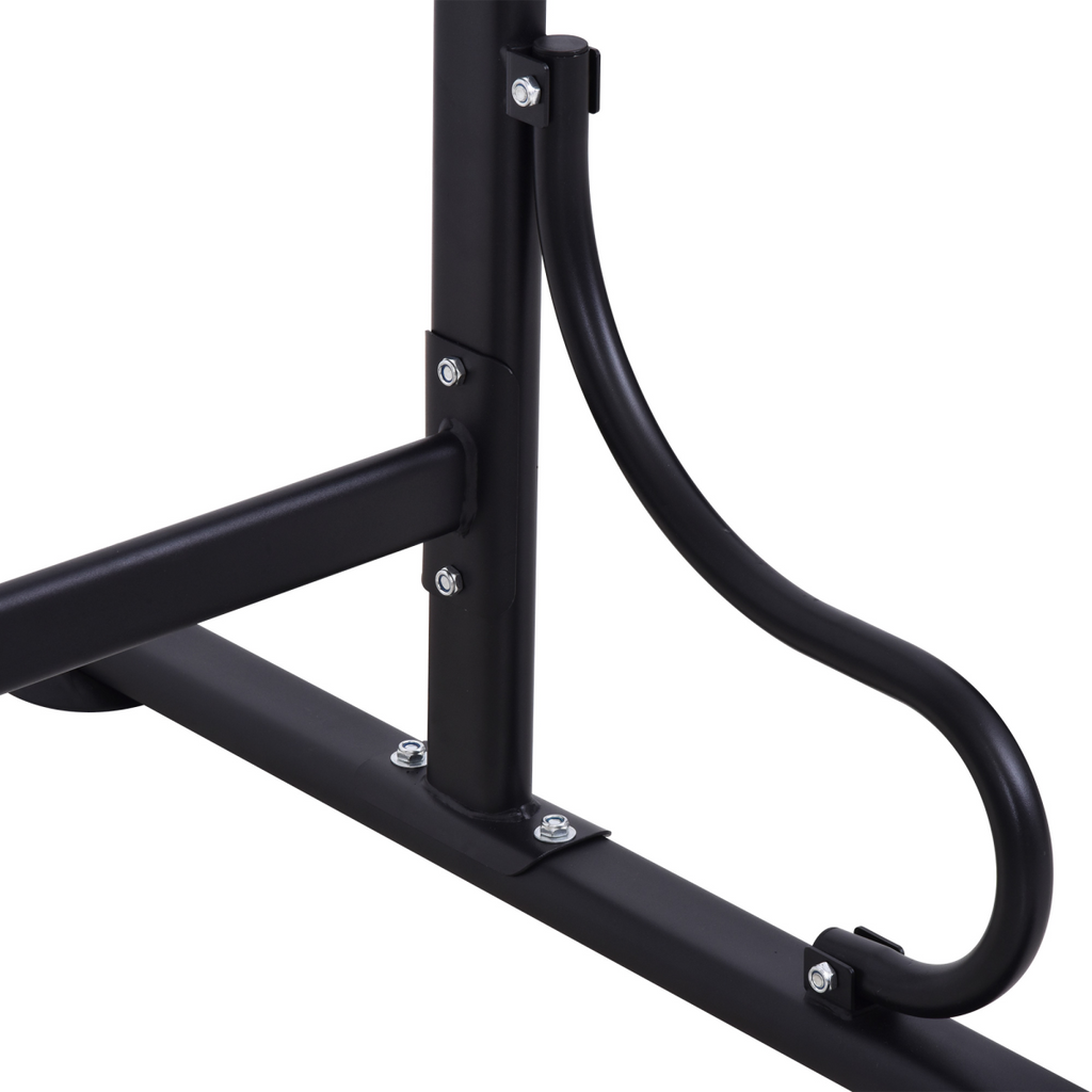 Steel multi-use exercise power tower with adjustable height and grips, ideal for strength training workouts.