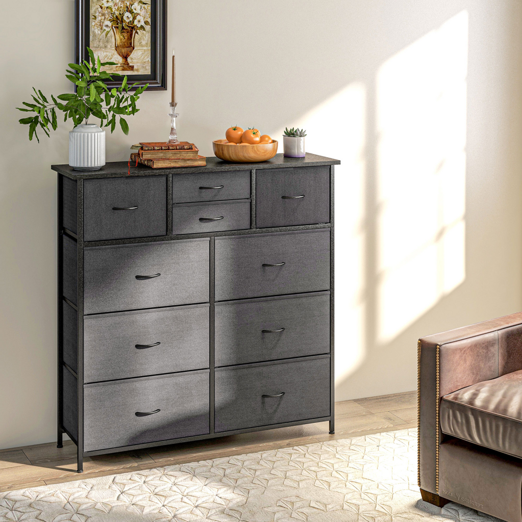 HOMCOM black 10-drawer fabric dresser with foldable drawers in a stylish bedroom setting.