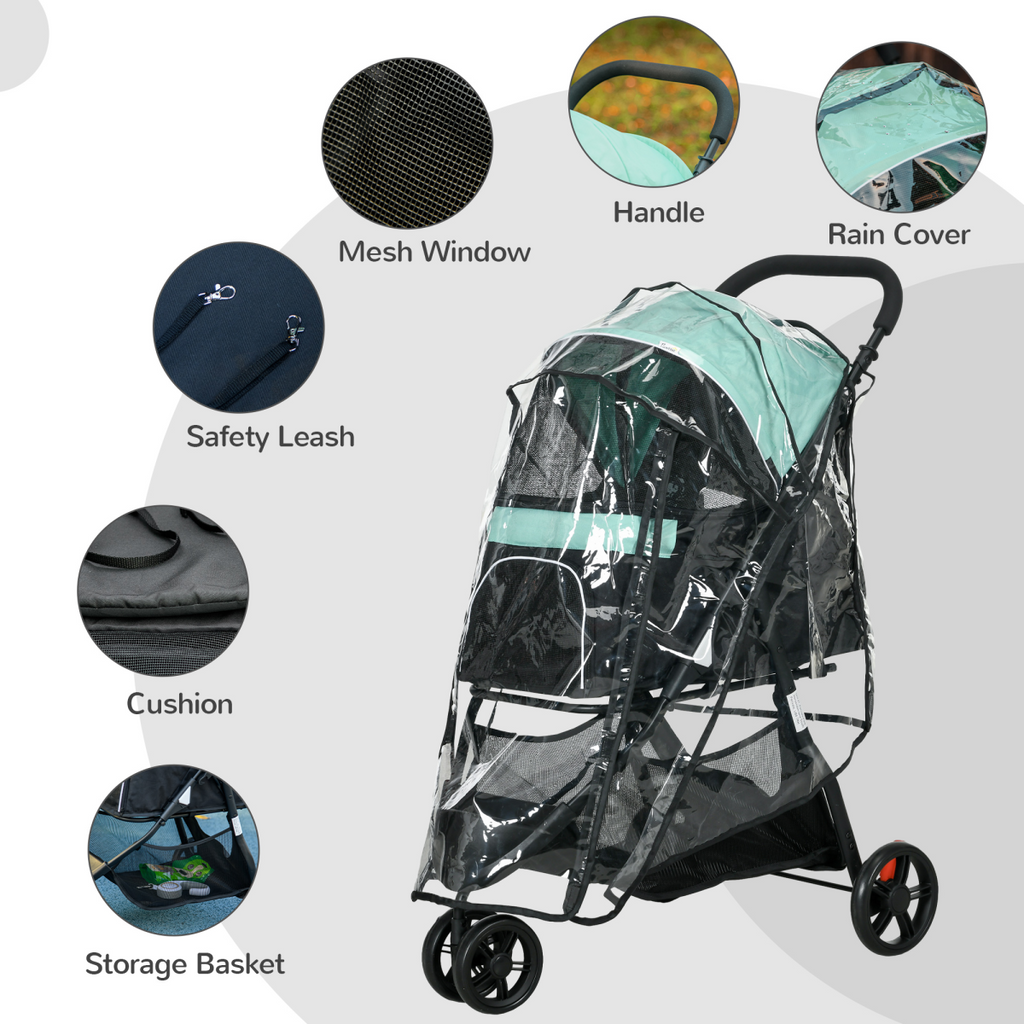 PawHut Dog Stroller for XS Dogs, S Dogs, Cats with Rain Cover - Green