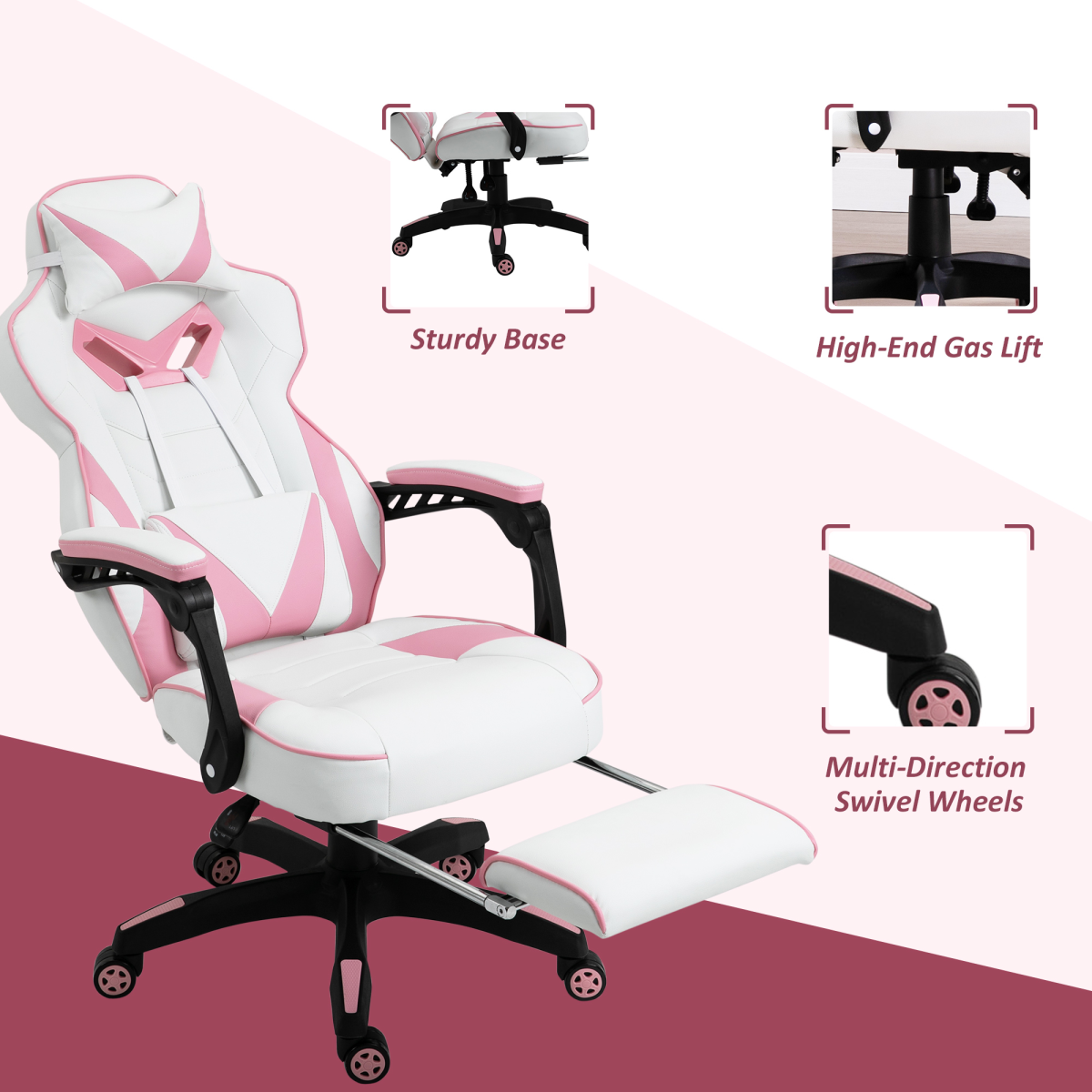 Gaming Chair Ergonomic Reclining w/ Manual Footrest Wheels Stylish Office Pink
