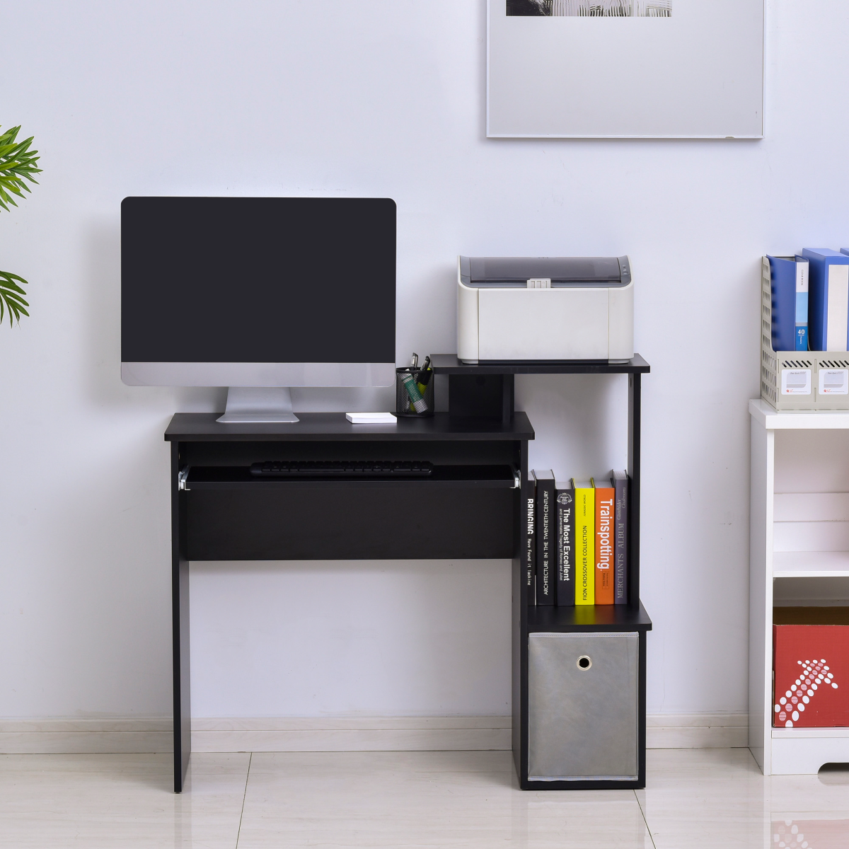 Computer Desk with Sliding Keyboard Tray Storage Drawer Shelf  Black