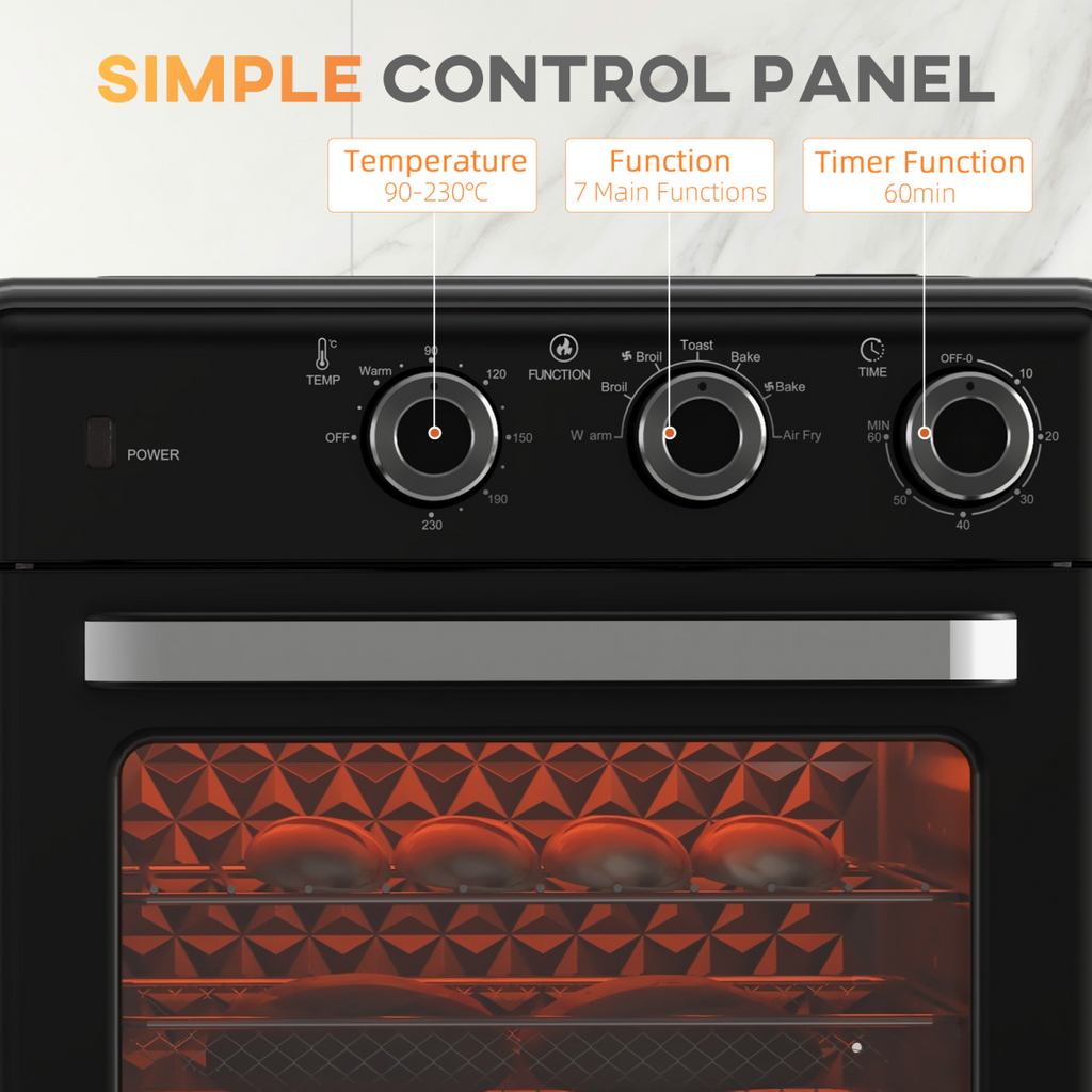 HOMCOM 20L air fryer oven in black with 7 functions and countertop convection design, showcasing control panel and interior.