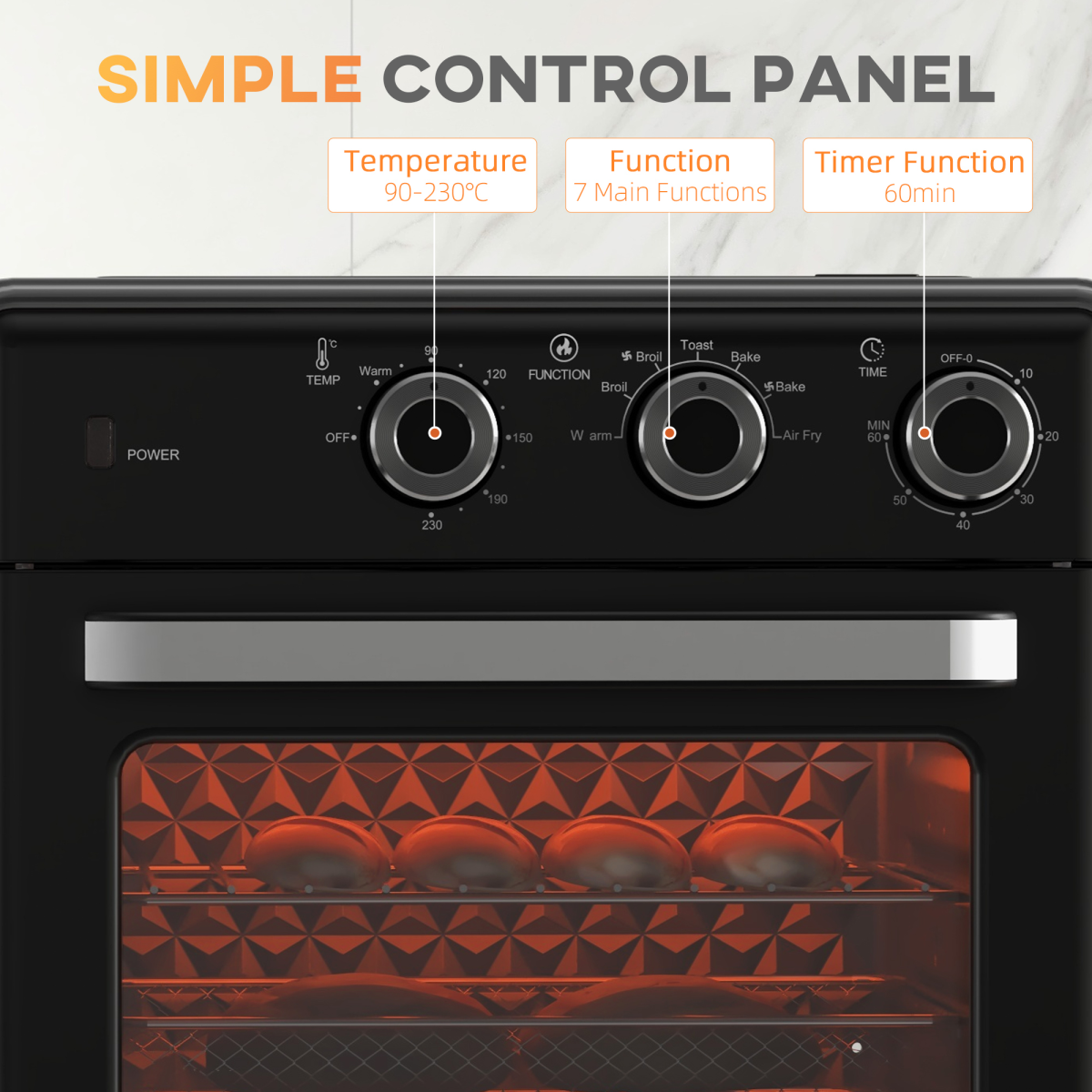 HOMCOM 20L air fryer oven in black with 7 functions and countertop convection design, showcasing control panel and interior.