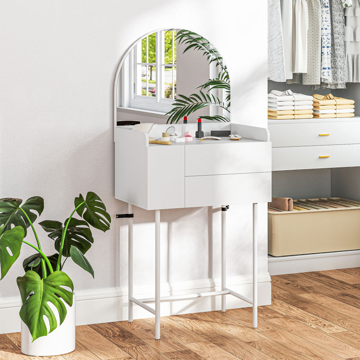 White Makeup Vanity Table with Mirror & Drawers - Modern Dressing Table