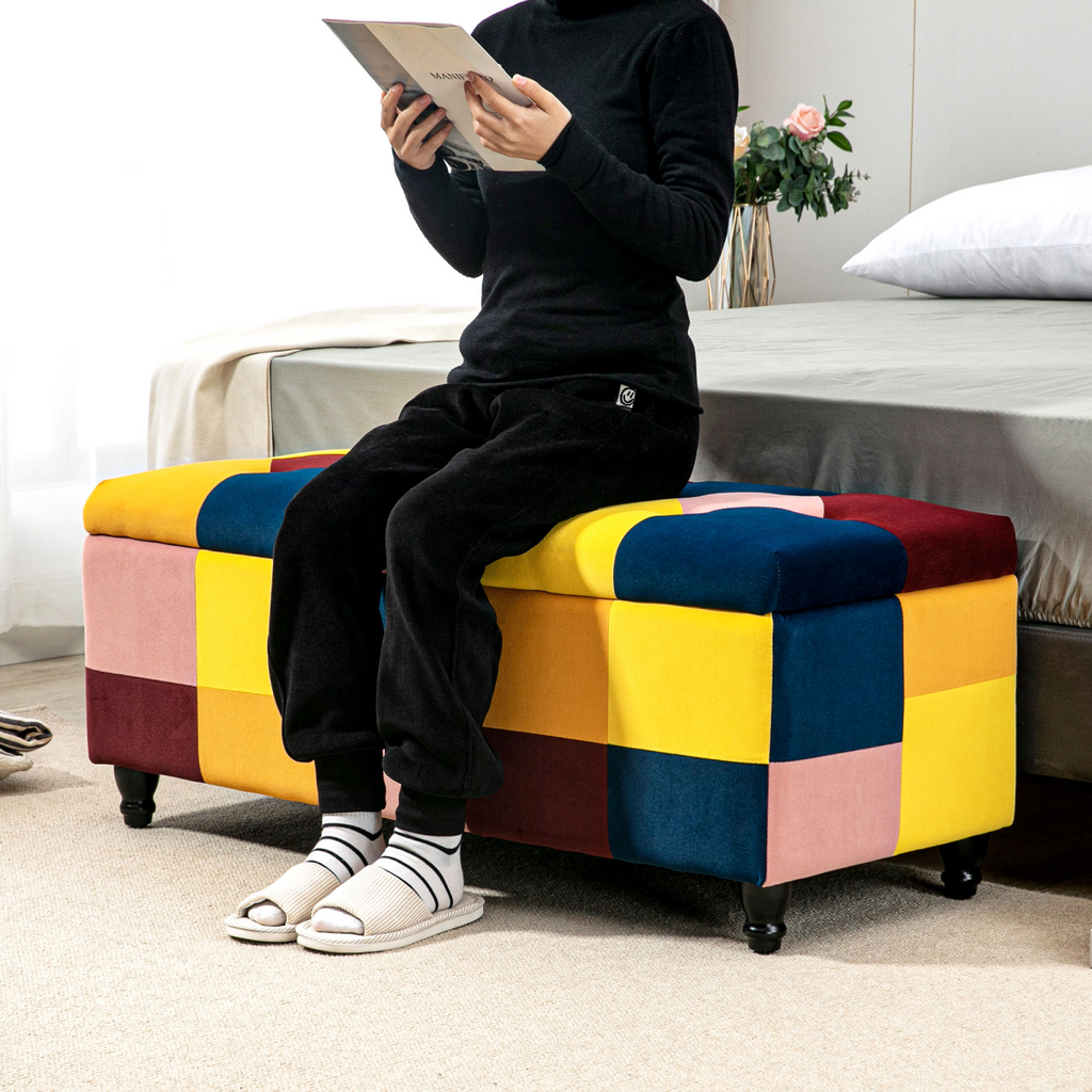 HOMCOM velvet storage ottoman with button-tufted design, measuring 114x47x47cm, serving as a stylish footstool box.