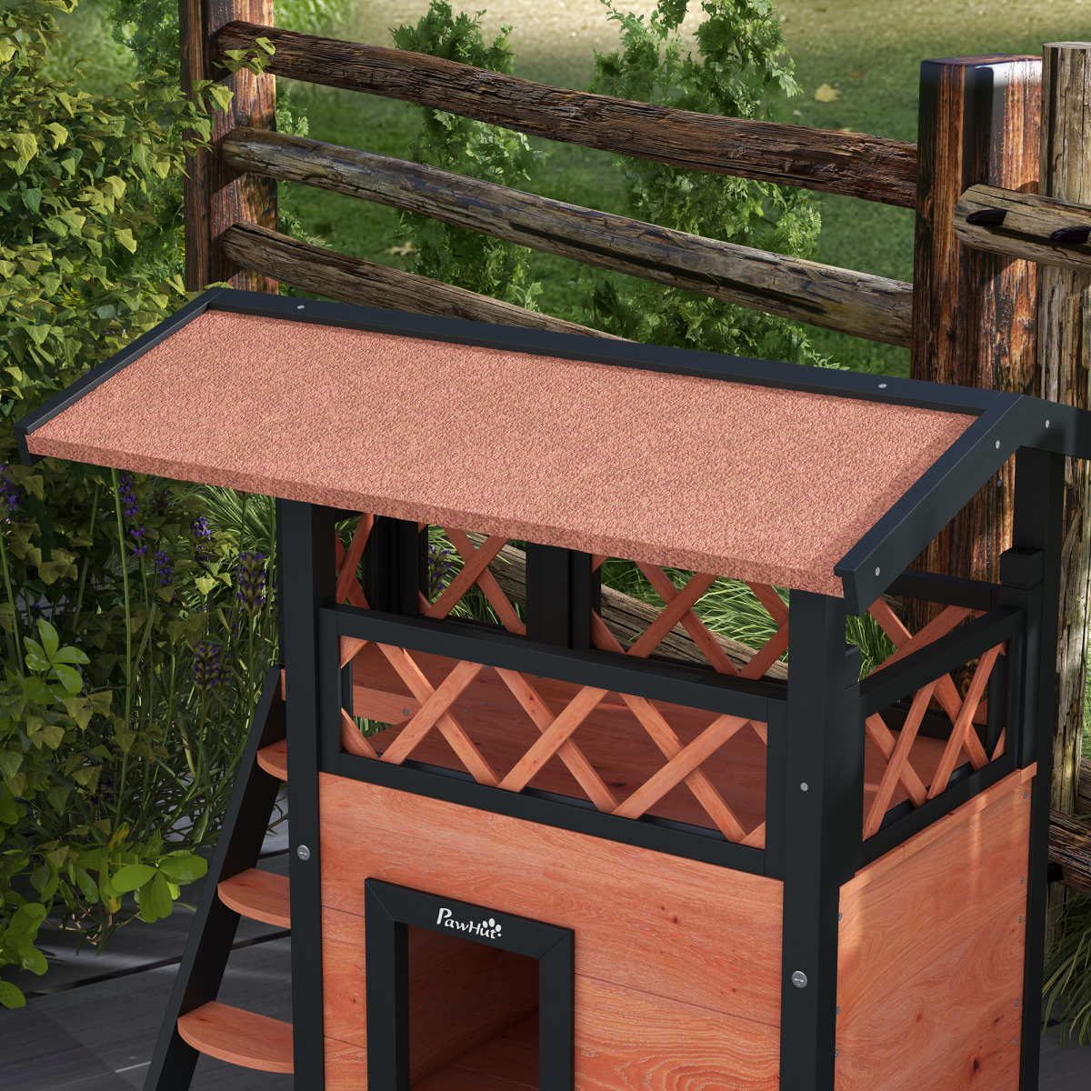 Brown PawHut outdoor cat house featuring balcony, stairs, and roof, designed for pet comfort and shelter.