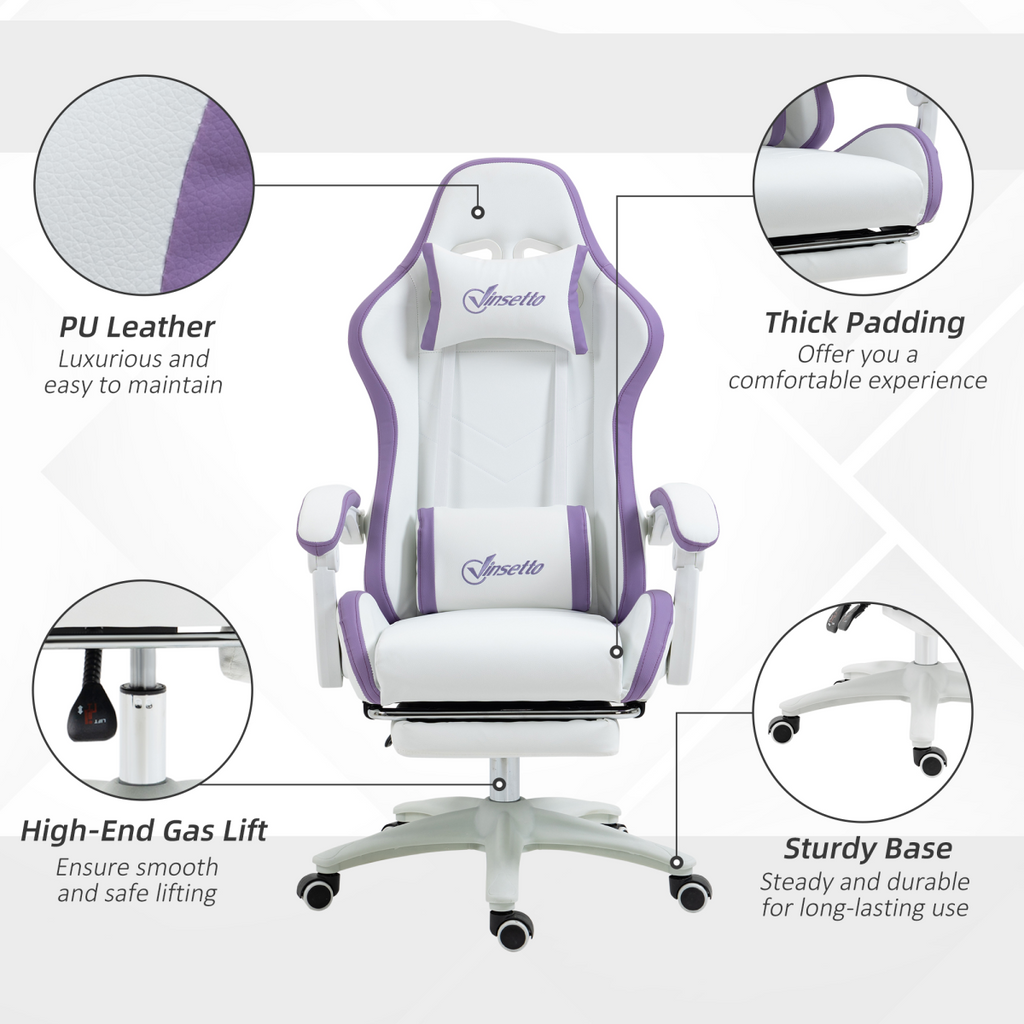 Vinsetto purple racing style gaming chair with faux leather, reclining feature, and footrest, set against a neutral background.