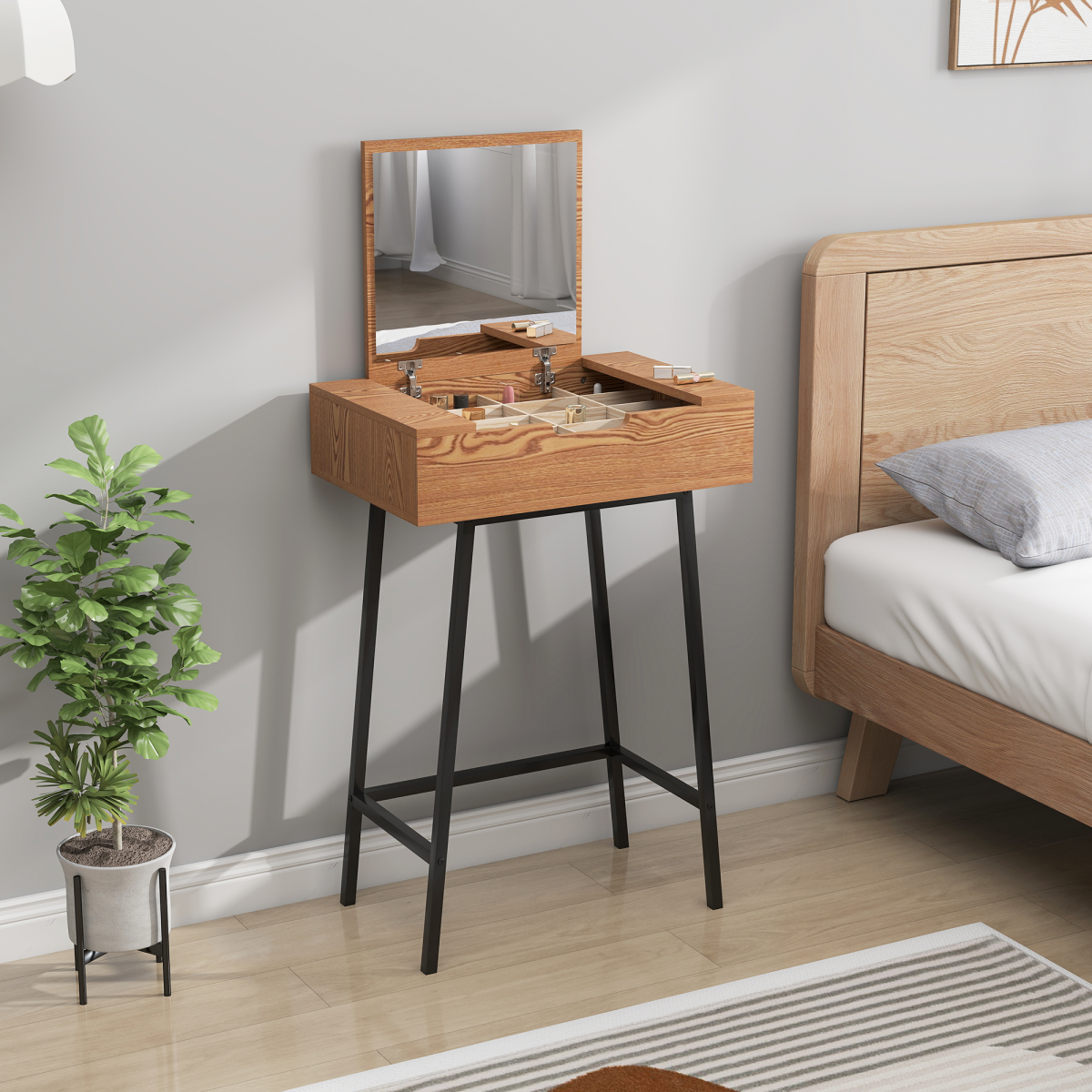 Industrial Vanity Desk with Mirror & Steel Legs - Natural Wood Effect