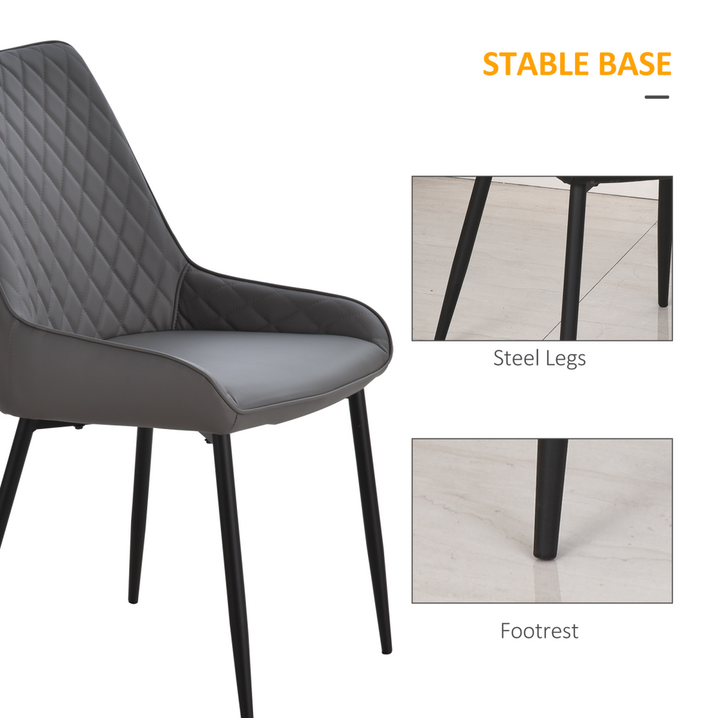 Set of 2 grey quilted PU leather dining chairs with a metal frame by HOMCOM, showcasing elegant design and comfort.