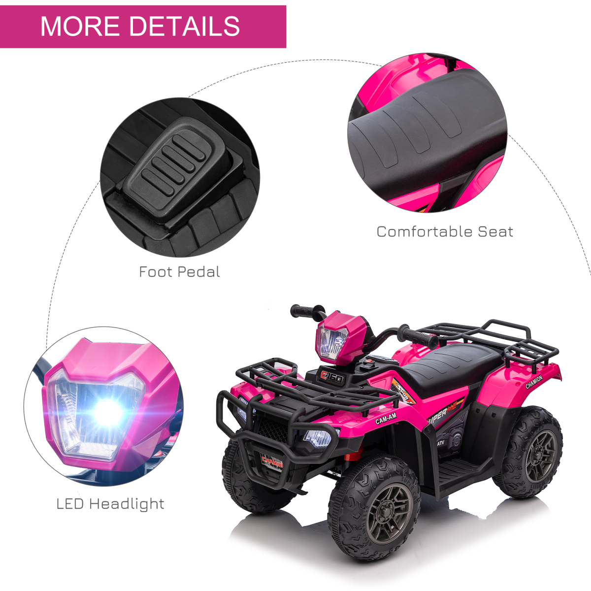 12V pink electric quad bike for kids by HOMCOM, featuring LED headlights and music, designed for ages 3-5.