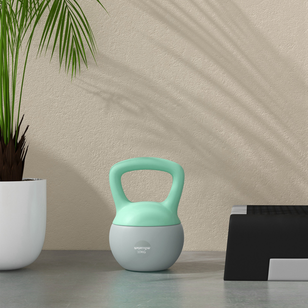 Grey and green 10KG kettlebell with a soft body and non-slip handle by SPORTNOW, ideal for strength training workouts.