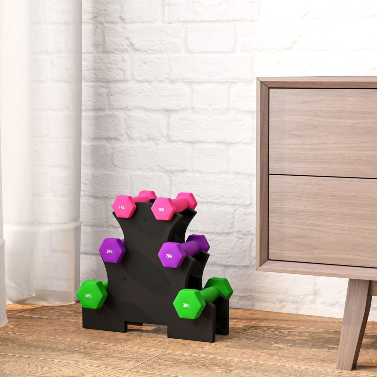Hex dumbbell set in pink, purple, and green with rack, featuring 2x1kg, 2x2kg, and 2x3kg weights by SPORTNOW.