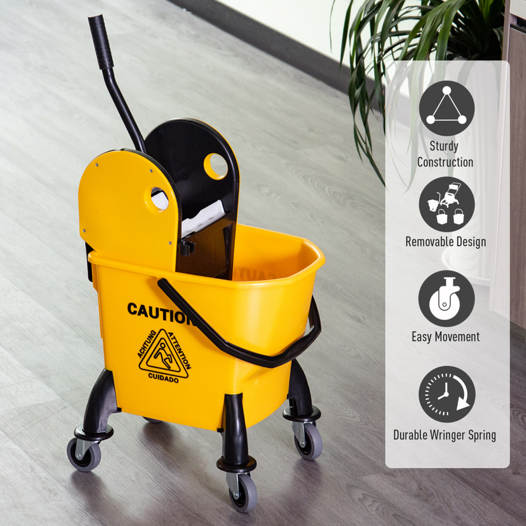 Yellow 26L mop bucket with water wringer and 4 wheels, made of durable plastic by HOMCOM.