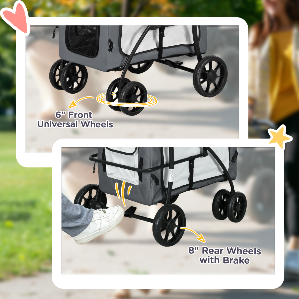 Foldable Pet Stroller with Detachable Carrier & Soft Padding - Grey