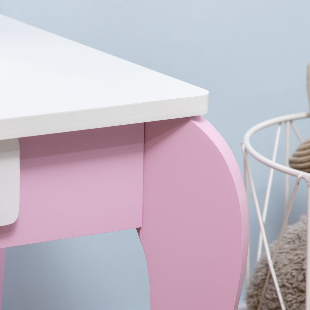 Kids pink dressing table with mirror and stool, featuring a drawer, designed by ZONEKIZ for ages 3-6.