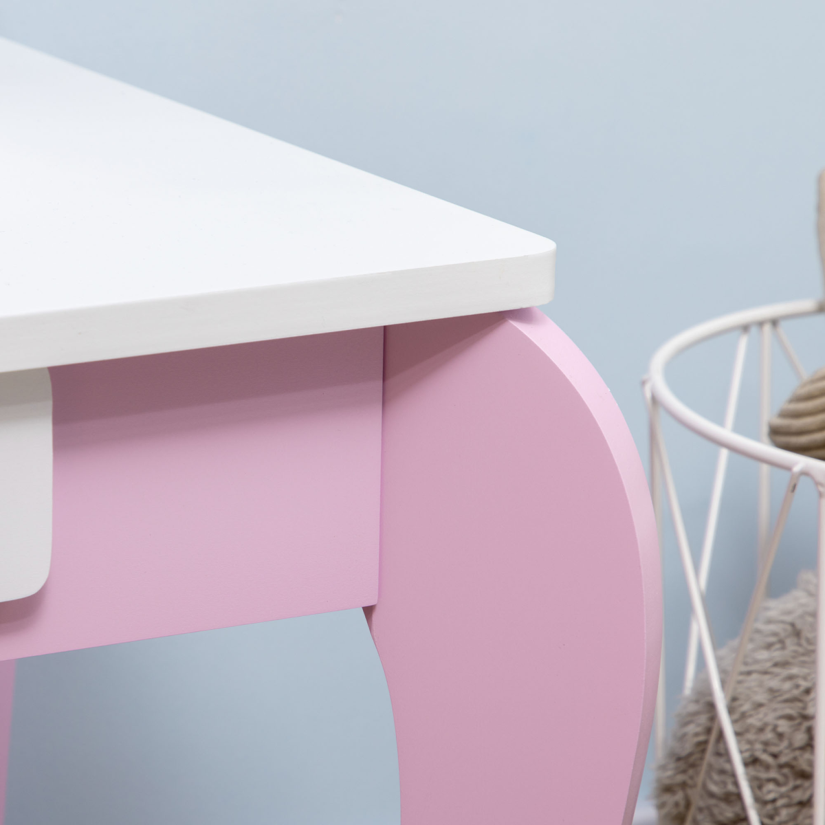 Kids pink dressing table with mirror and stool, featuring a drawer, designed by ZONEKIZ for ages 3-6.