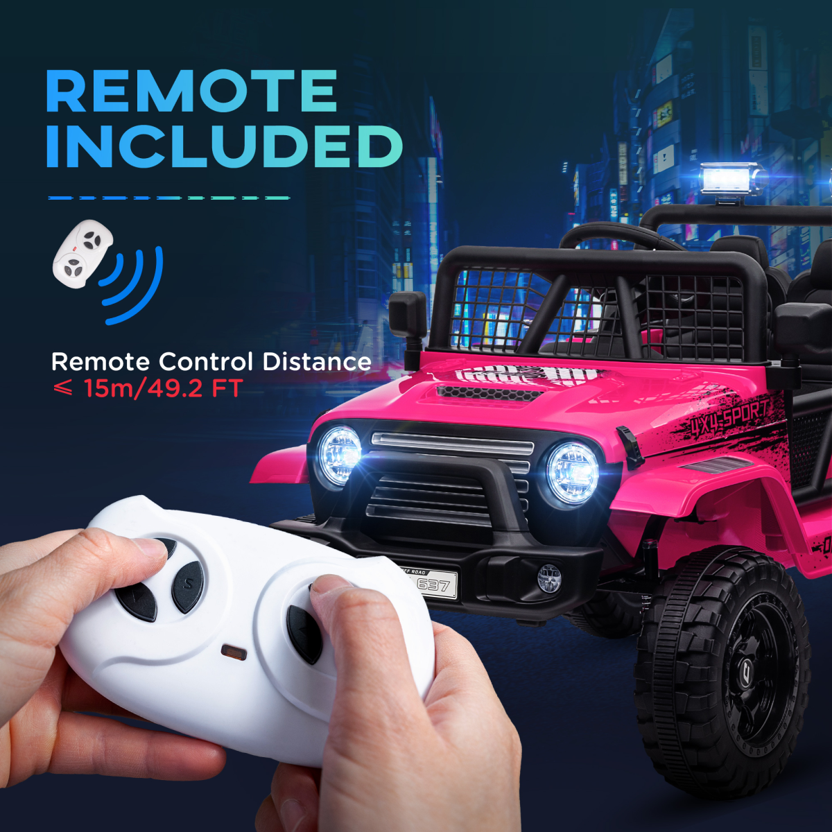 Pink AIYAPLAY Kids Ride On Car, 12V Electric Truck with suspension, designed for outdoor fun and adventure.