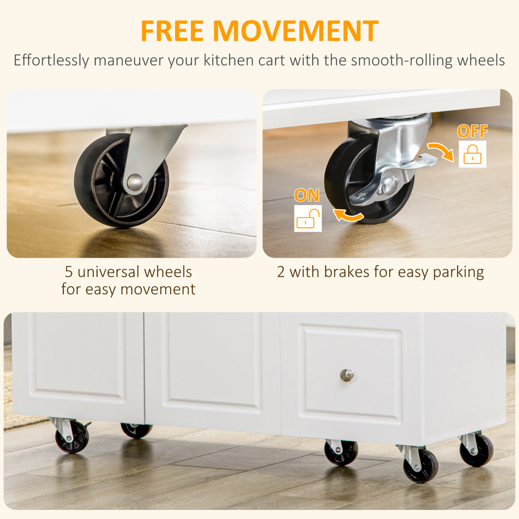 Drop-leaf kitchen island on wheels with drawers and cabinet by HomeCraft, featuring a versatile design for storage and prep.