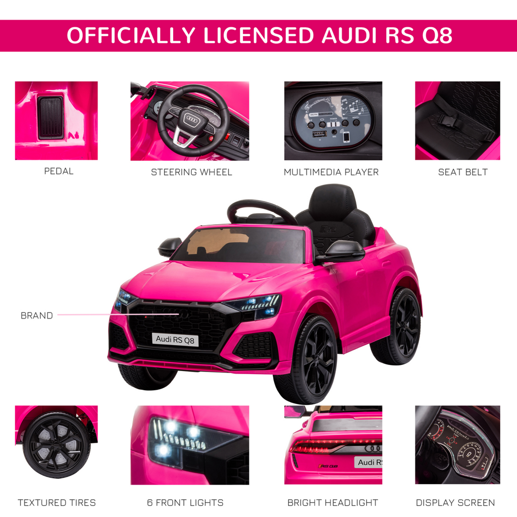 Pink Audi RS Q8 electric ride-on car with remote control for ages 3-5, featuring realistic design and fun features.