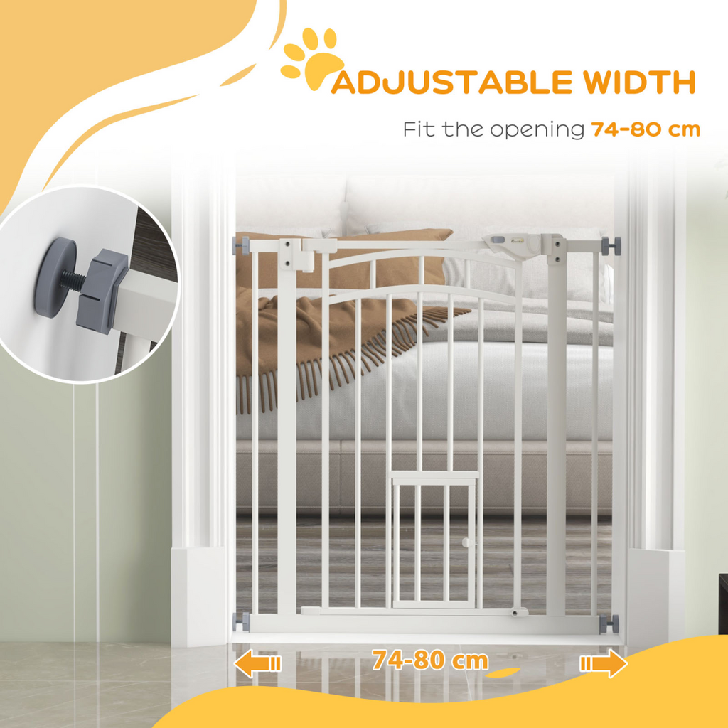 PawHut pressure fit safety gate for dogs with small cat door opening, adjustable width of 74-80cm.