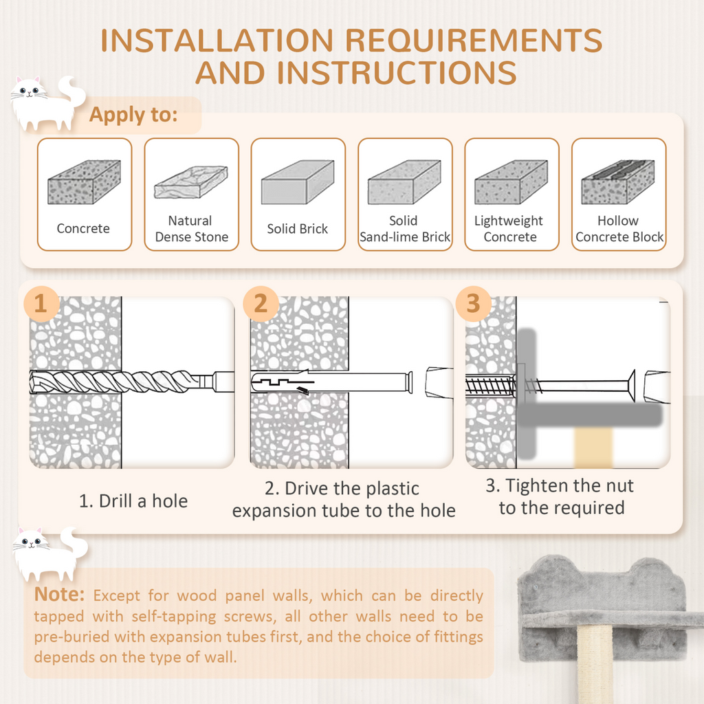 5Pcs Cat Wall Furniture with Perch, Cat Condo, Scratching Post - Grey