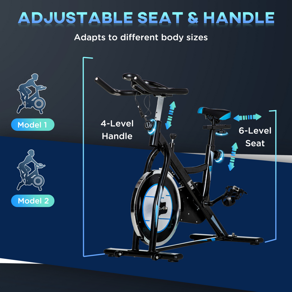 HOMCOM indoor cycling bike with 8kg flywheel for effective cardio workouts, featuring adjustable seat and handlebars.