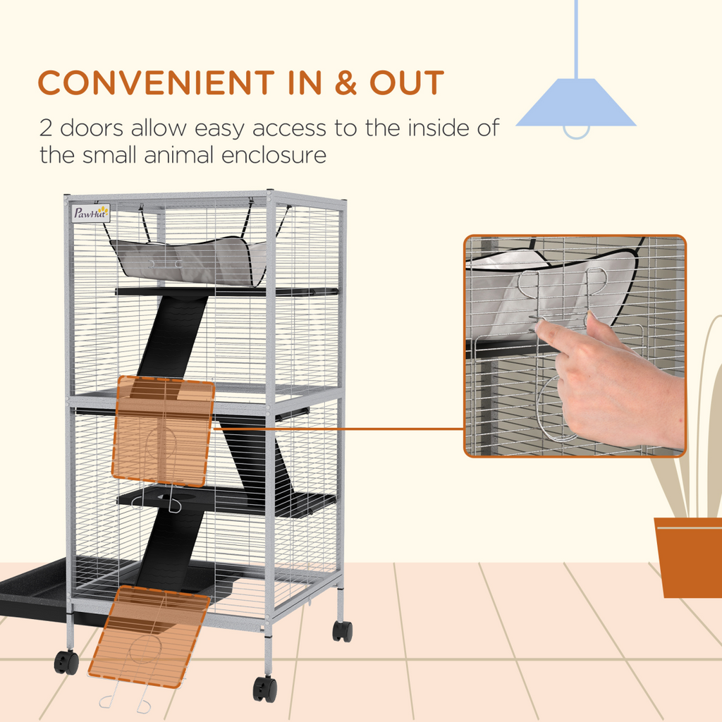 PawHut Rolling Small Animal Cage for Chinchillas Ferrets Kittens W/ Ramp Grey