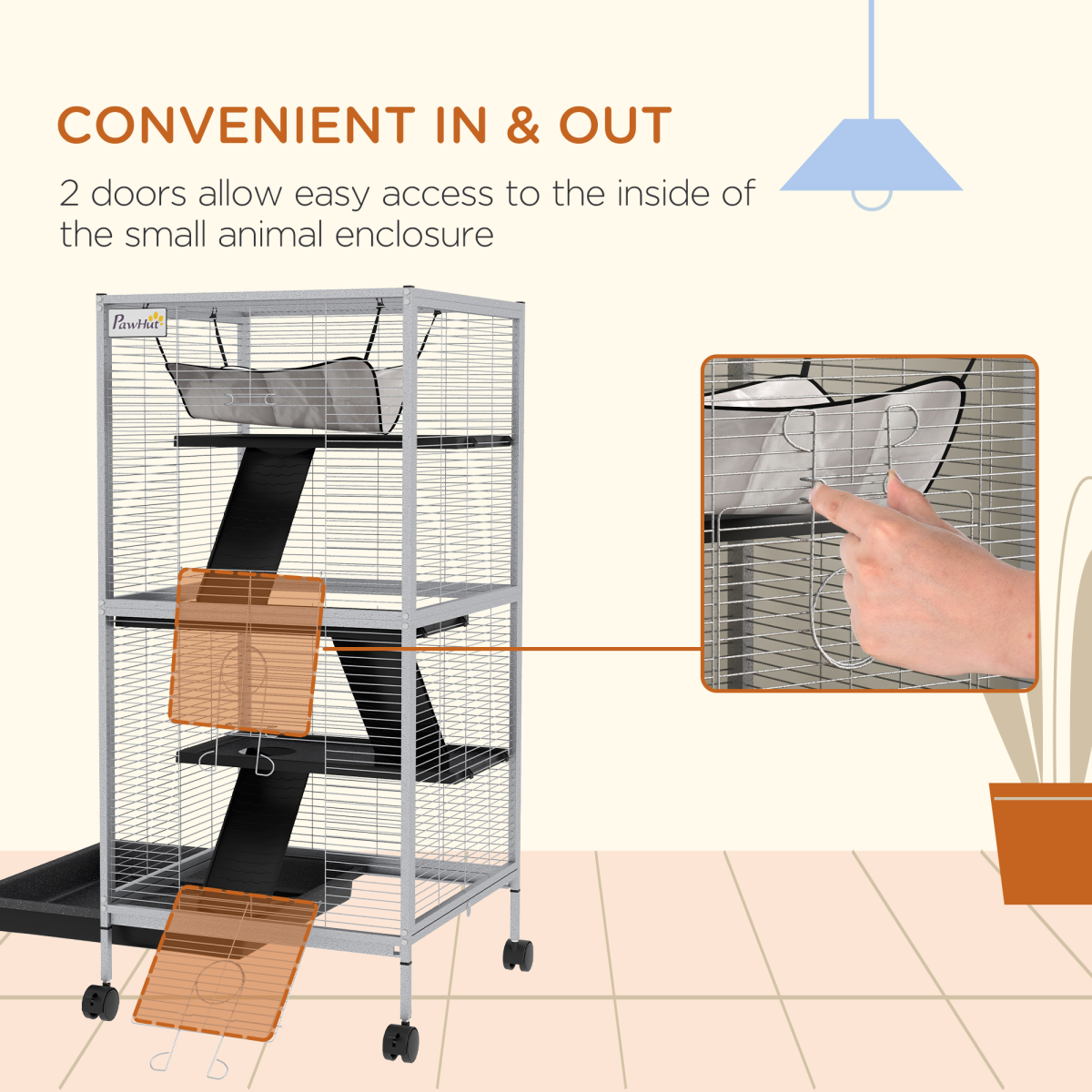 PawHut Rolling Small Animal Cage for Chinchillas Ferrets Kittens W/ Ramp Grey