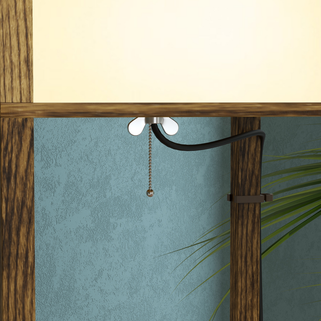 Brown HOMCOM shelf floor lamp with dual lights and two display shelves showcasing a modern design.