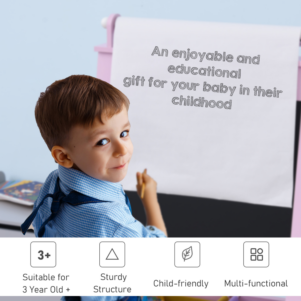 Kids wooden art easel with paper roll and double-sided chalkboard for creative play, suitable for ages 3 and up.