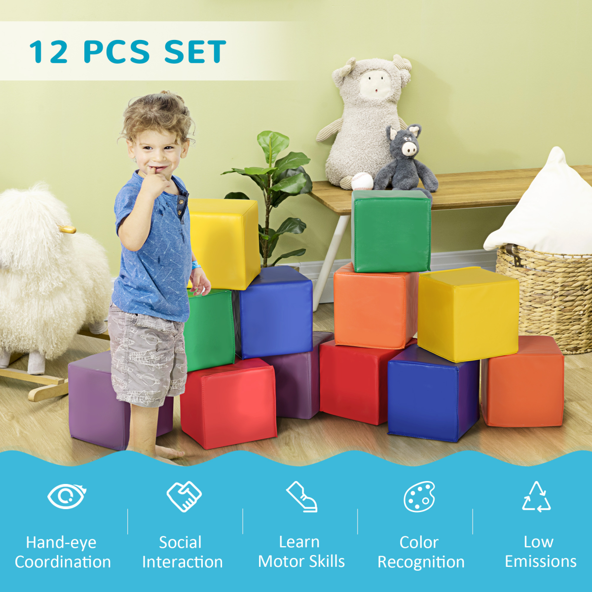 Colorful 12-piece soft foam blocks for kids, perfect for building and stacking, suitable for ages 1-3 by FunZone.