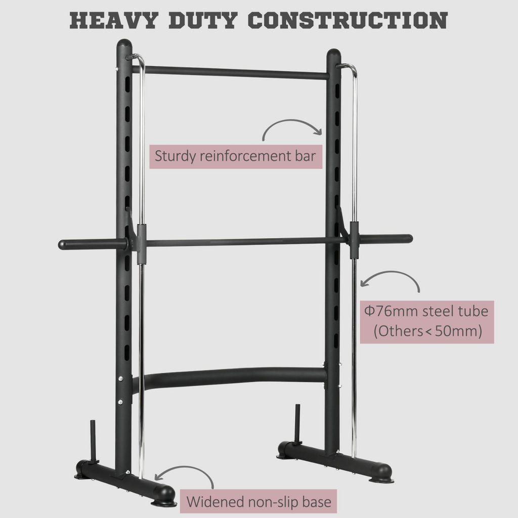 Adjustable HOMCOM squat rack featuring a pull-up bar and barbell bar, designed for home gym workouts.