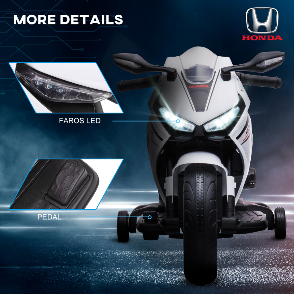 Licensed Honda 6V electric motorbike with training wheels for ages 3-5, featuring vibrant colors and realistic design.