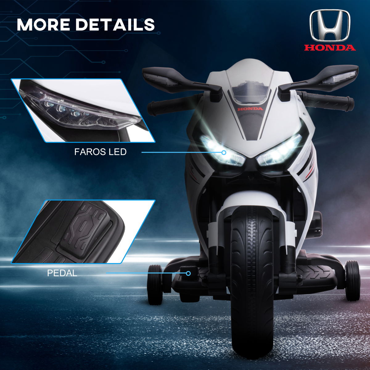 Licensed Honda 6V electric motorbike with training wheels for ages 3-5, featuring vibrant colors and realistic design.
