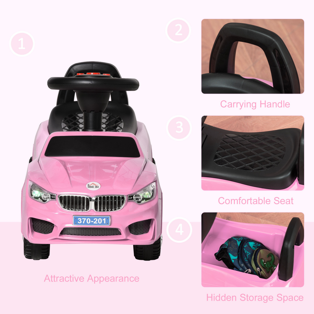 Pink HOMCOM FunZone ride-on car for toddlers, featuring a foot-to-floor design and smooth sliding capabilities.