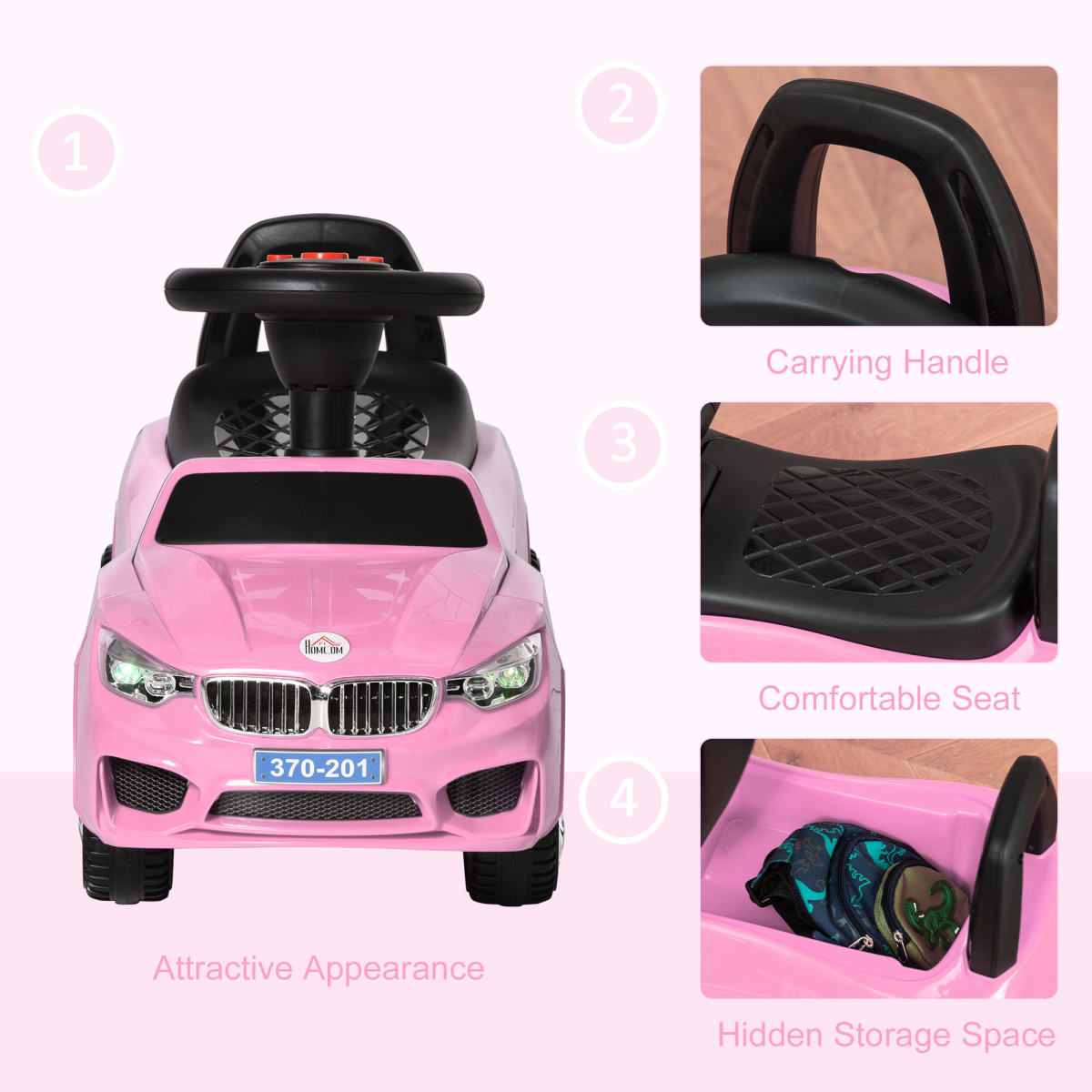 Pink HOMCOM FunZone ride-on car for toddlers, featuring a foot-to-floor design and smooth sliding capabilities.
