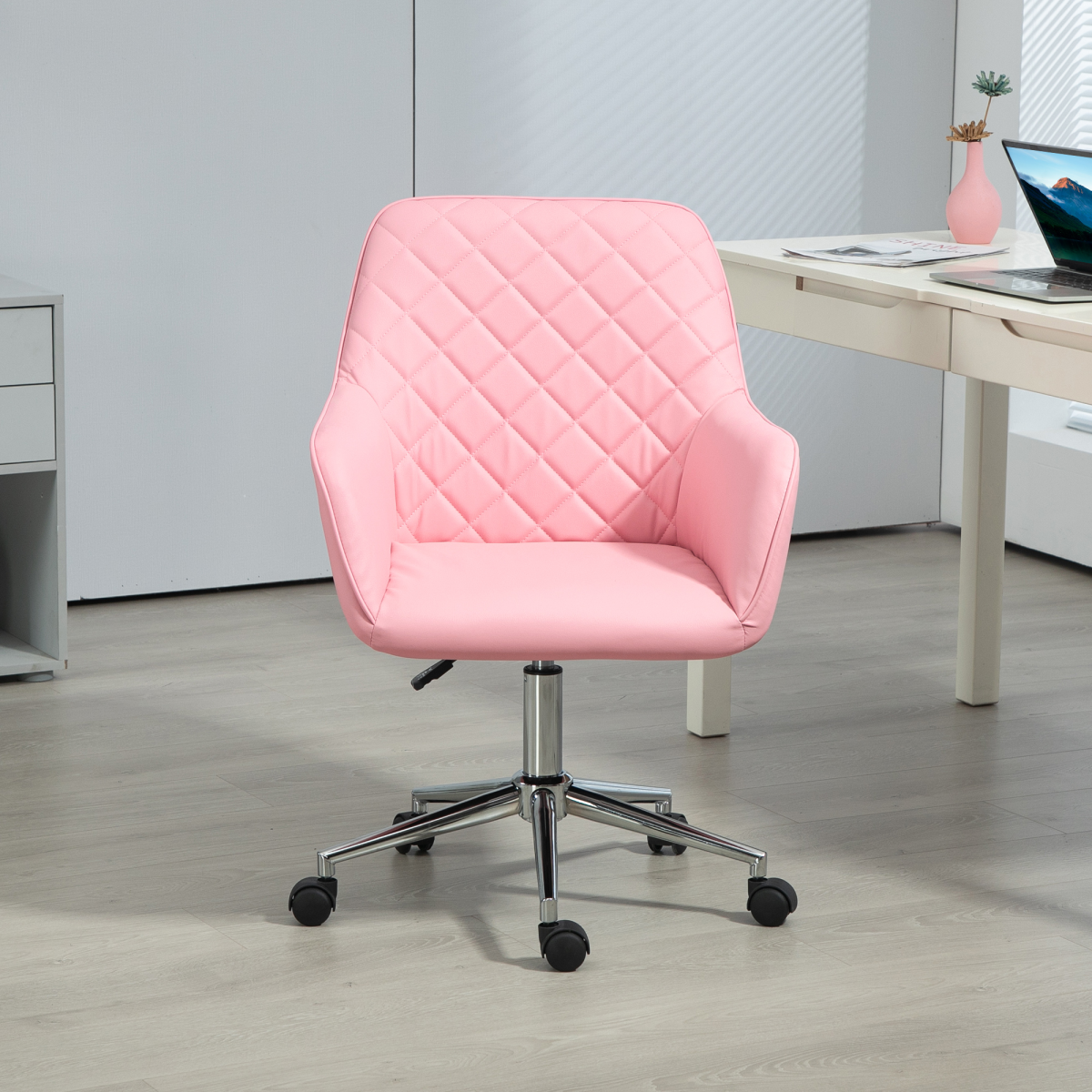 Vinsetto pink leather-feel swivel chair with armrests, designed for home office use, showcasing a modern aesthetic.