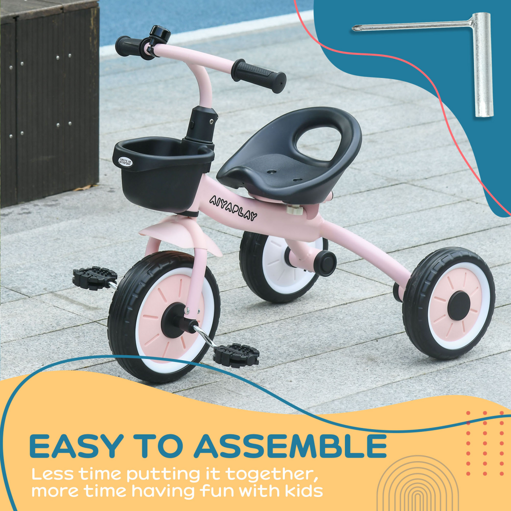 Pink AIYAPLAY Kids Trike with adjustable seat, basket, and bell for ages 2-5 years, shown in outdoor setting.