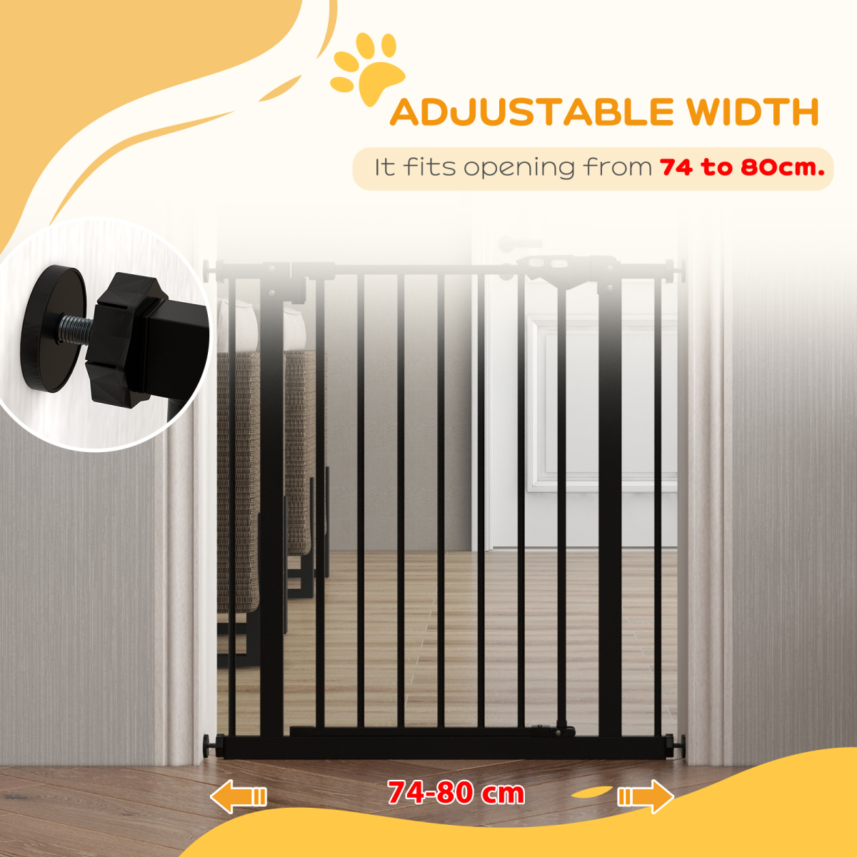 PawHut Adjustable Safety Gate w/ 1 Extensions and Four Adjustable Screws, Black