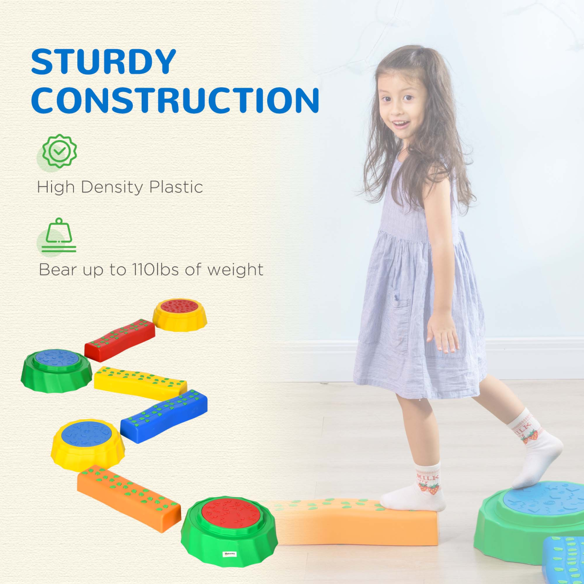 Colorful eight-piece kids stepping stones with non-slip surface for outdoor play by Outsunny.